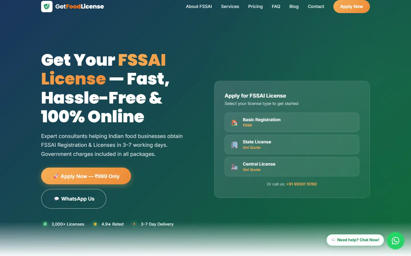 Get Food License homepage — green FSSAI consulting site with clear license application flow