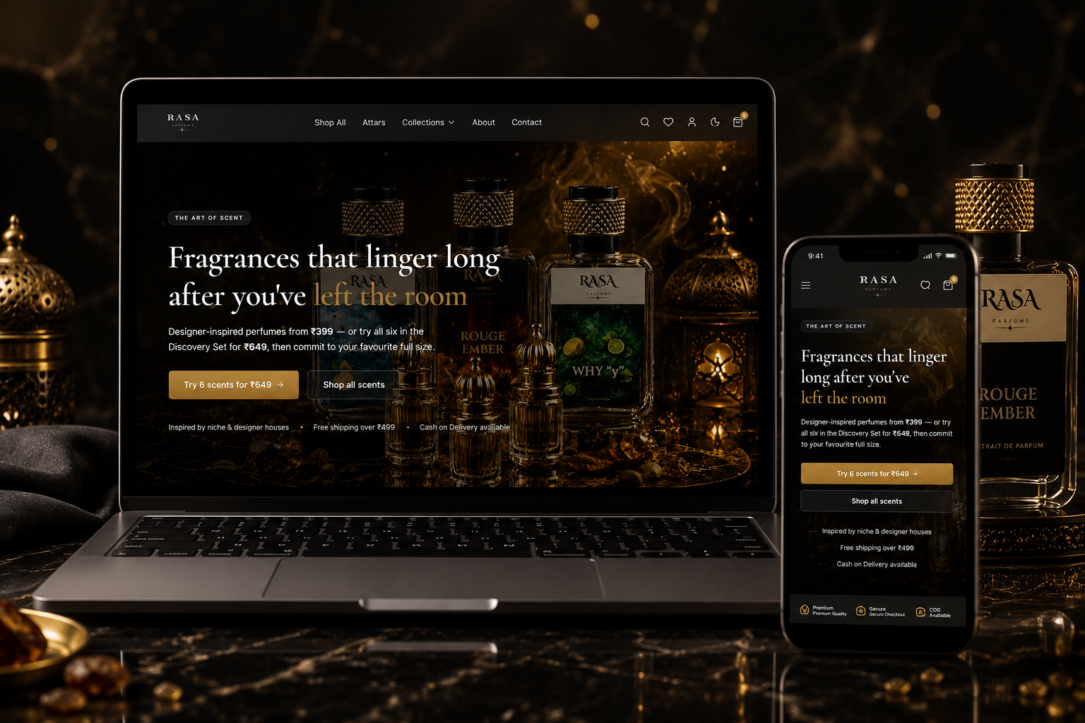 Premium ecommerce website built by Salman, shown on a laptop and phone — Rasa Parfums luxury storefront