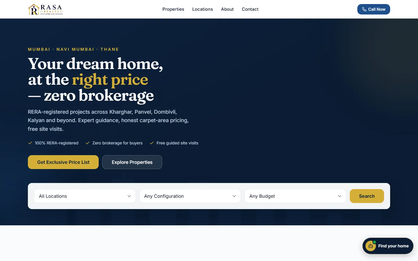 Rasa Realty homepage — deep navy real-estate site with property search and zero-brokerage positioning